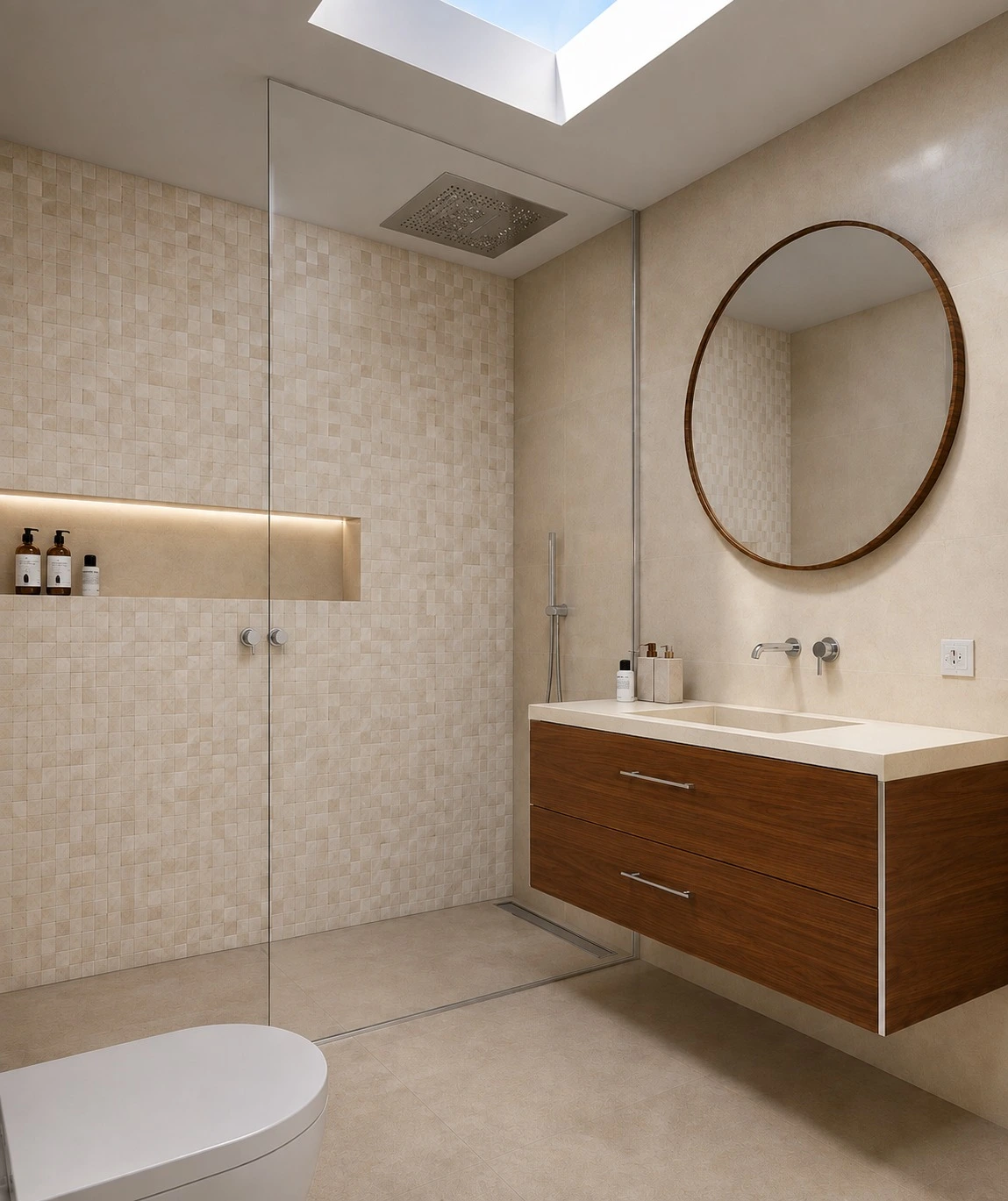 Instalação sanitária da suíte master – vista angular com duche, lavatório e espelho oval no projeto Cascais Residence